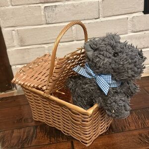 Toto from the Wizard of Oz in a basket costume accessory